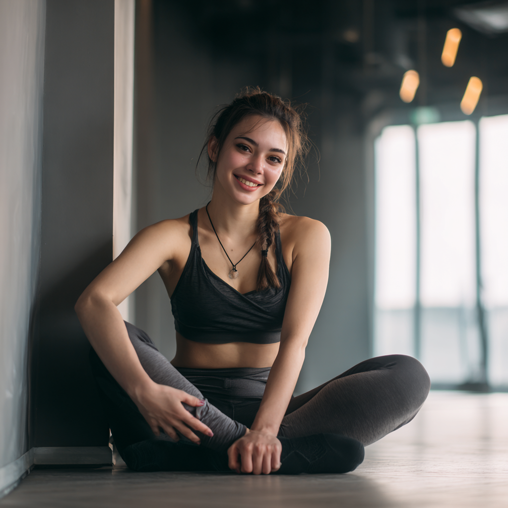 Smiling middle-aged Kazakh woman in comfortable yoga attire sitting in meditation pose in a peaceful studio setting