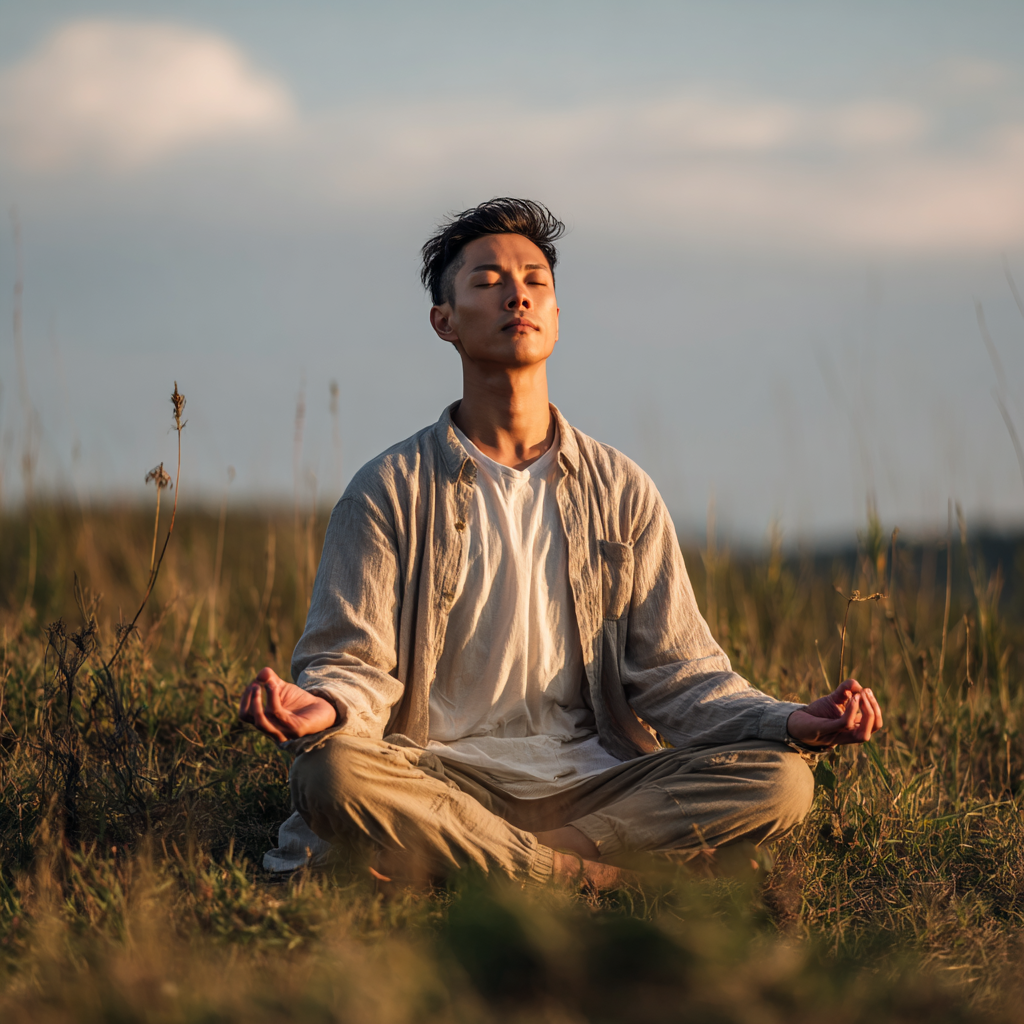 Young Kazakh man practicing breathing exercises in lotus position with closed eyes in a serene natural outdoor setting